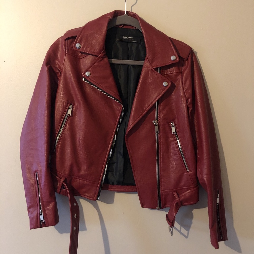 Zara Red Leather Moto Jacket